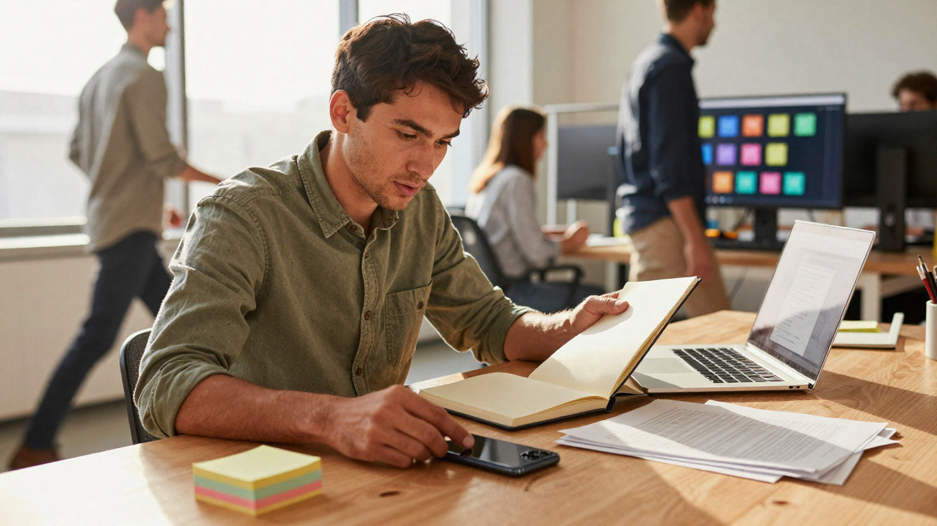 Homem jovem lê caderno sentado numa mesa com computador, documentos e post-its em escritório moderno.