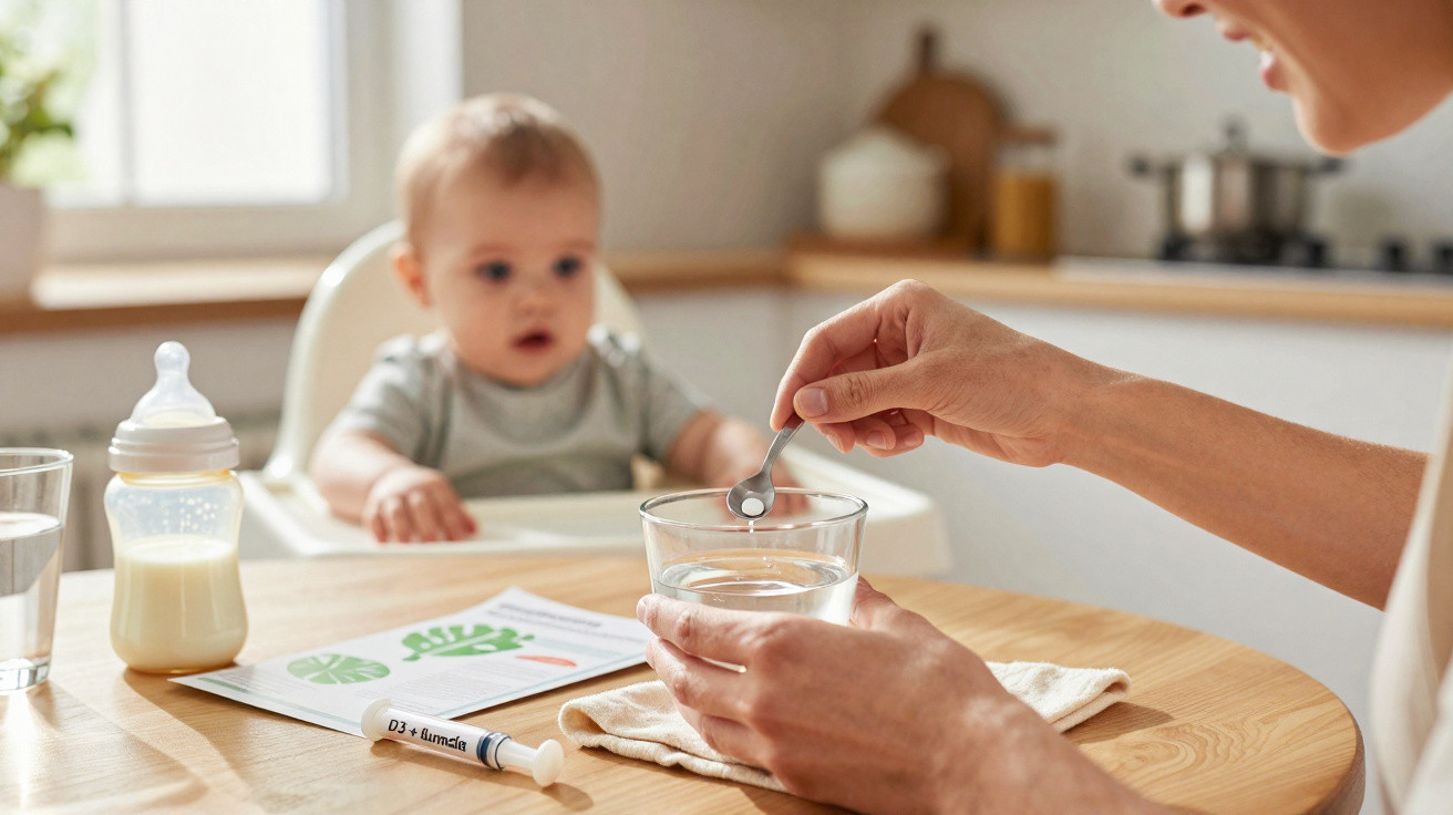 Mãe prepara medicamento líquido para bebé sentado numa cadeira alta na cozinha iluminada.