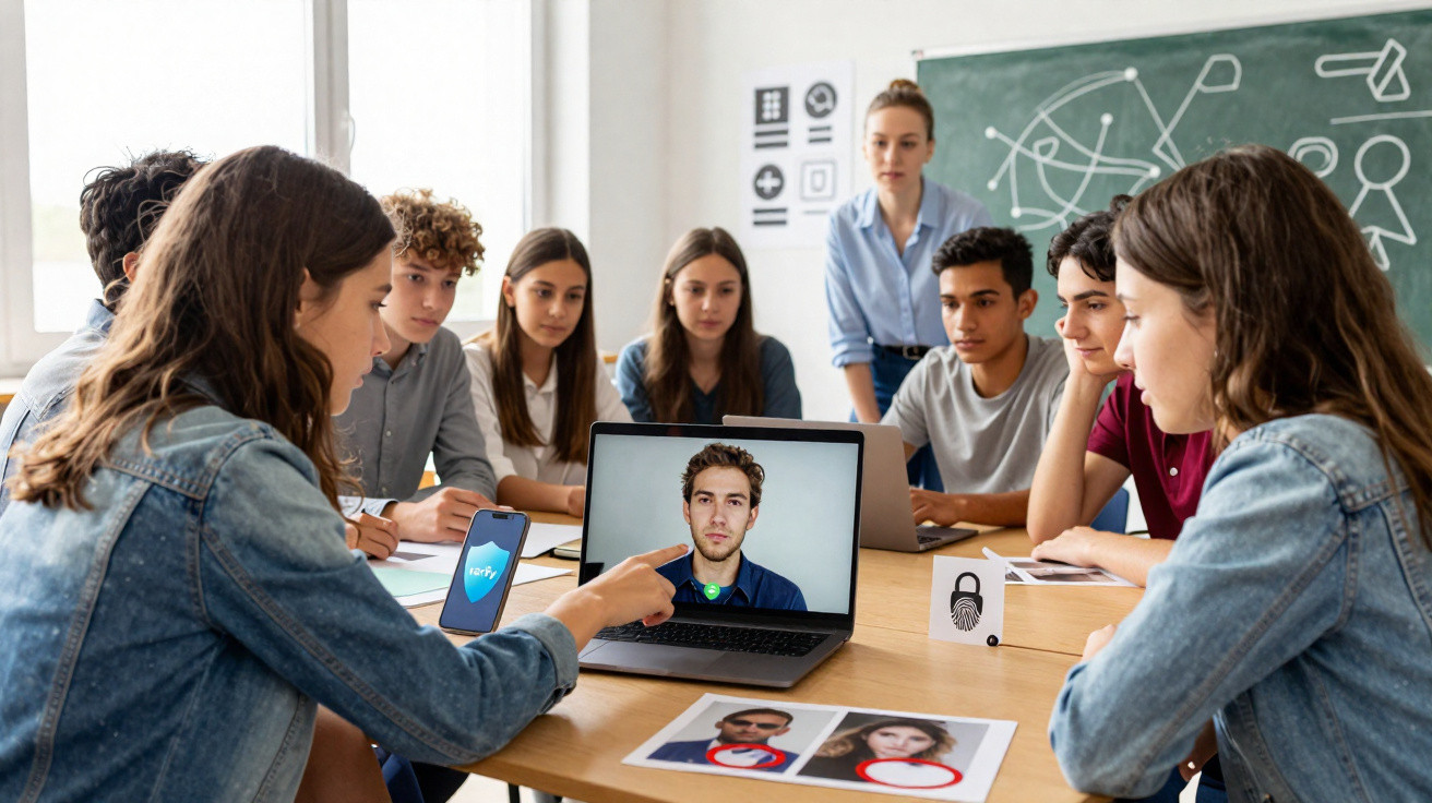 Grupo de jovens reunidos numa sala de aula a discutir reconhecimento facial num computador portátil.