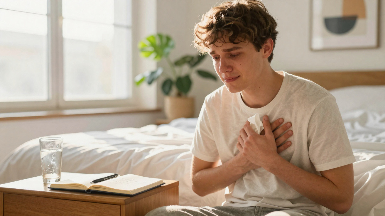 Jovem sentado na cama com expressão de dor, segurando o peito com as mãos, perto de um copo de água e caderno.