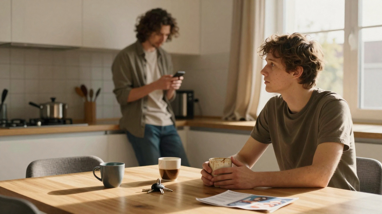 Dois jovens numa cozinha; um está sentado a beber café e o outro usa o telemóvel junto à bancada.