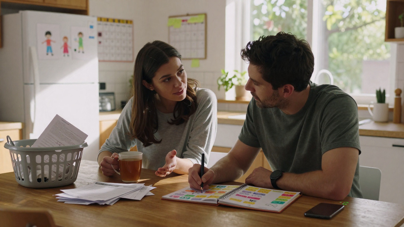 Casal sentado à mesa da cozinha a planear atividades num agenda colorida, com papéis e chá sobre a mesa.