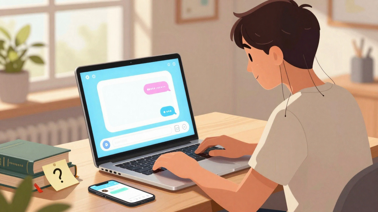 Pessoa com auscultadores a usar computador portátil para conversar online numa mesa com livros e telemóvel.