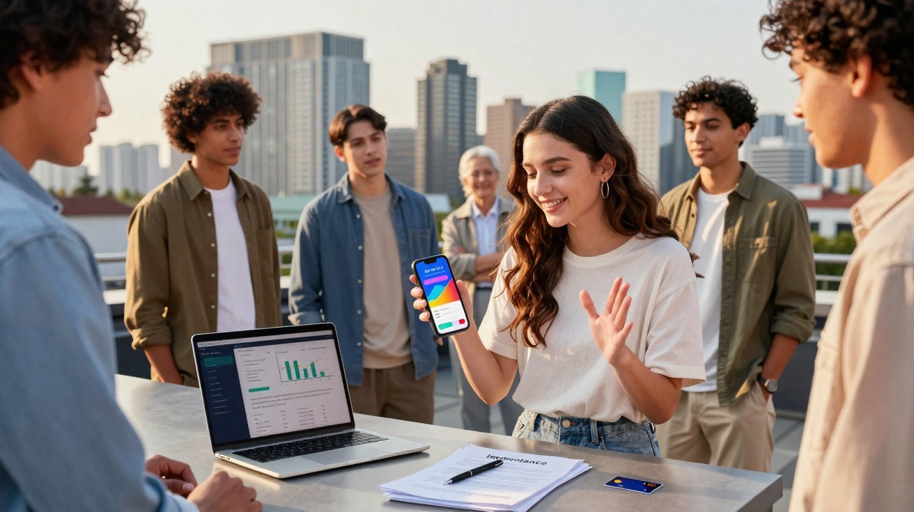 Jovem a apresentar um projeto com smartphone e laptop a um grupo numa esplanada urbana.