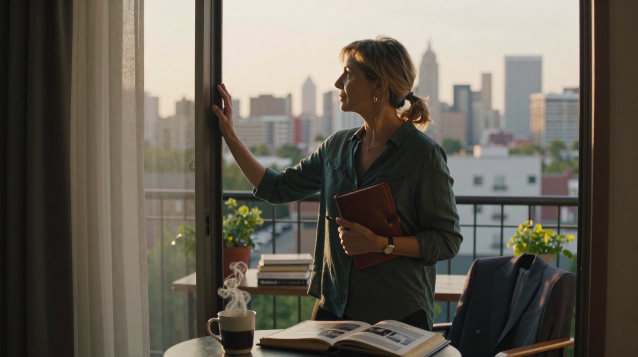Mulher a olhar pela janela de uma varanda com livro e chá numa mesa, cidade ao fundo ao entardecer.