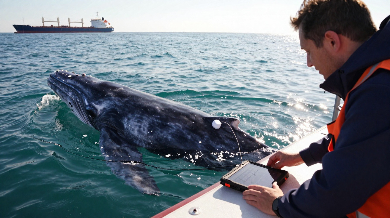 Homem numa embarcação a estudar uma baleia cinzenta com dispositivo de rastreamento no oceano, navio ao fundo.