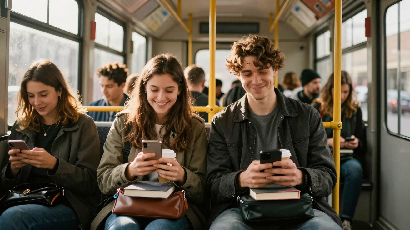 Jovens sentados num autocarro, sorrindo e a olhar para os telemóveis, com livros e café nas mãos.