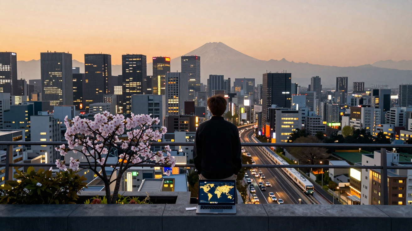 Pessoa sentada numa varanda ao pôr do sol, com vista para a cidade iluminada e a montanha ao fundo.