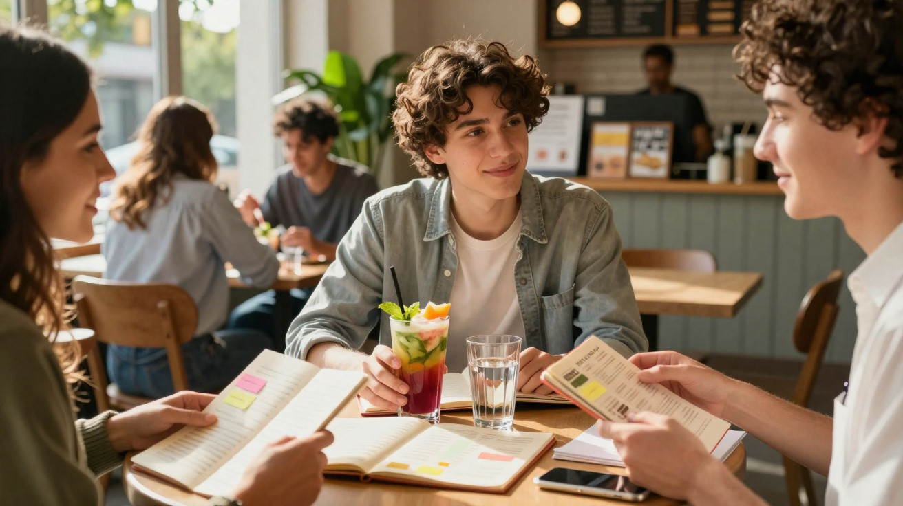 Jovens sentados numa cafetaria, a olhar e sorrir enquanto discutem algo com livros e menus à mesa.
