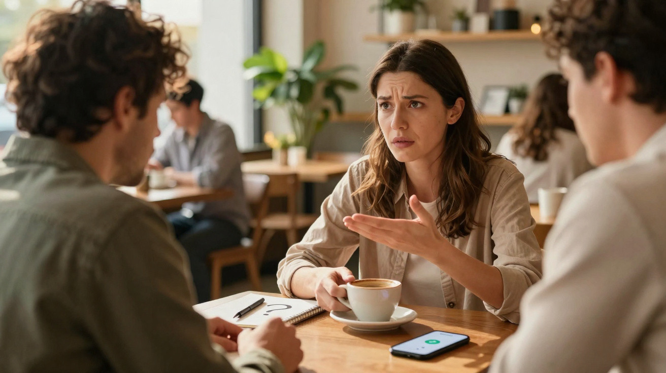 Mulher preocupada conversa com dois homens à mesa de café num ambiente descontraído.