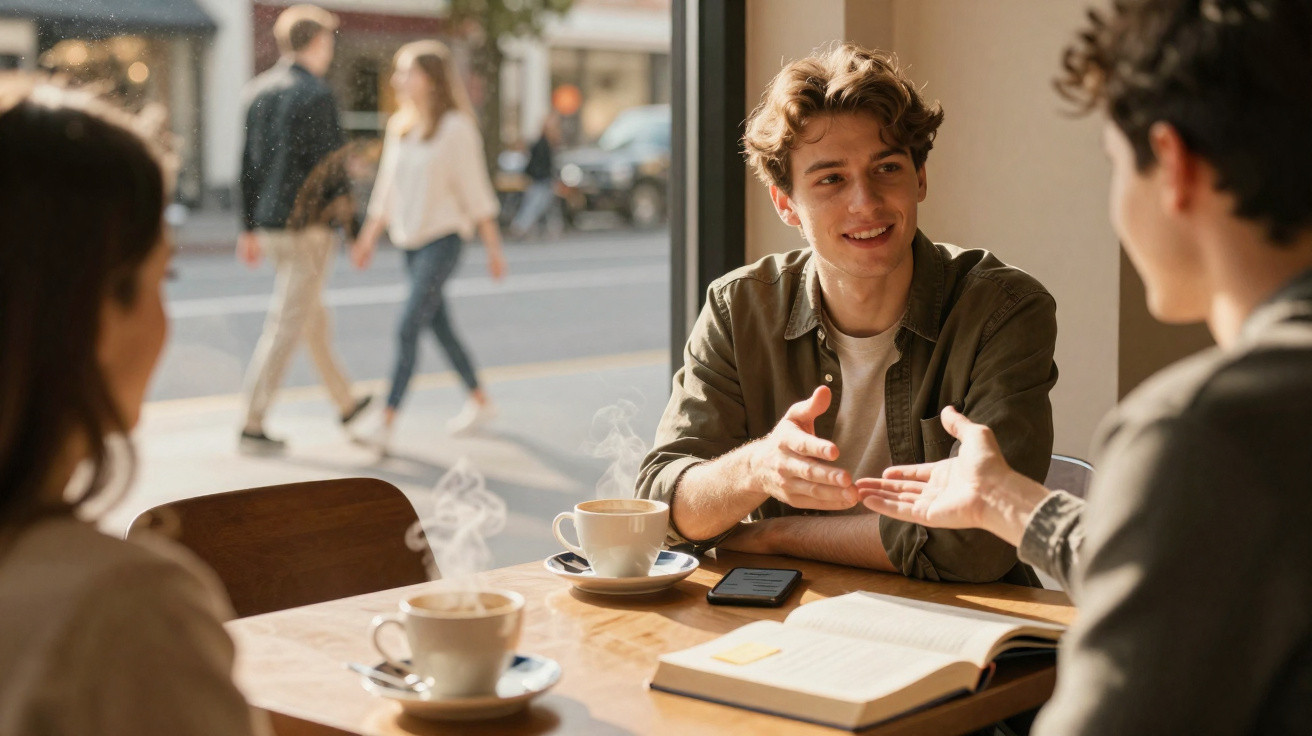 Dois jovens conversam animadamente num café com chá e livro aberto na mesa, numa tarde ensolarada.