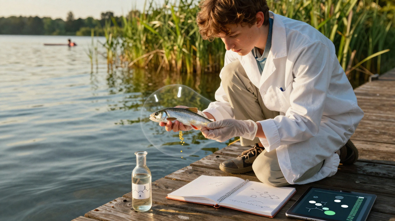 Criança com bata branca analisa um peixe junto a um lago, com caderno e tablet numa doca de madeira.