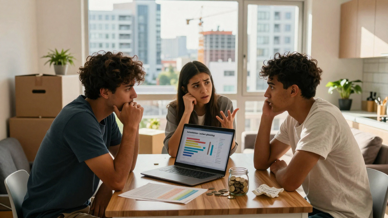 Três jovens discutem finanças em casa, com laptop aberto a gráficos e cofrinho de moedas na mesa.