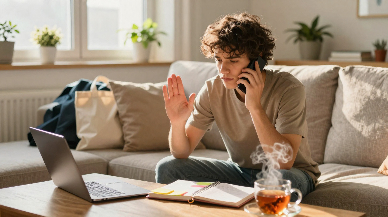Jovem sentado no sofá a falar ao telemóvel e a fazer videoconferência com notebook aberto e chá na mesa.
