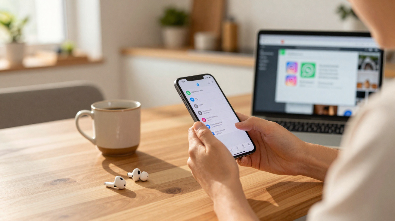 Pessoa a usar smartphone com laptop, auriculares e chávena numa mesa de madeira iluminada pela luz natural.