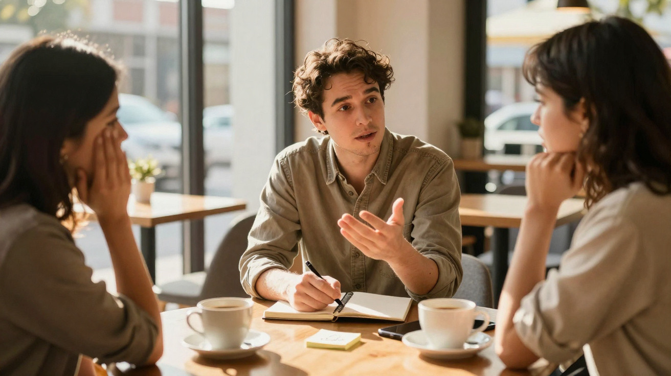 Jovem a conversar com duas mulheres numa mesa de café, com cadernos e chávenas em frente.
