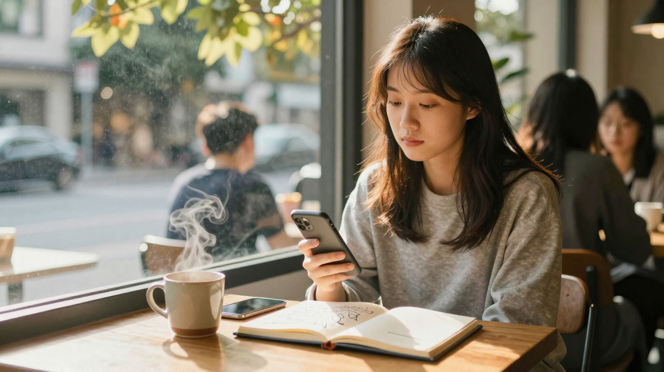 Jovem sentada numa cafeteria a olhar para o telemóvel com um caderno e chá quente à frente.