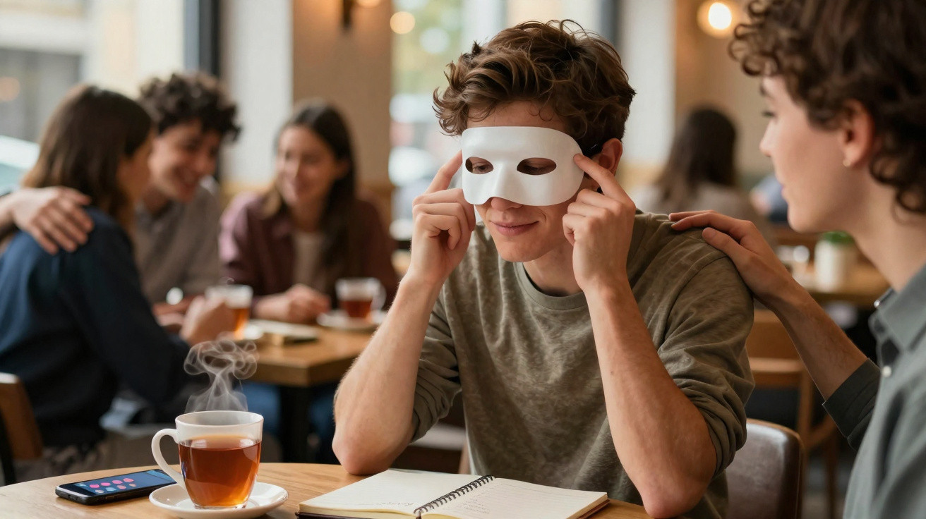 Jovem a colocar uma máscara branca sentado numa mesa de café com chá e um caderno aberto.