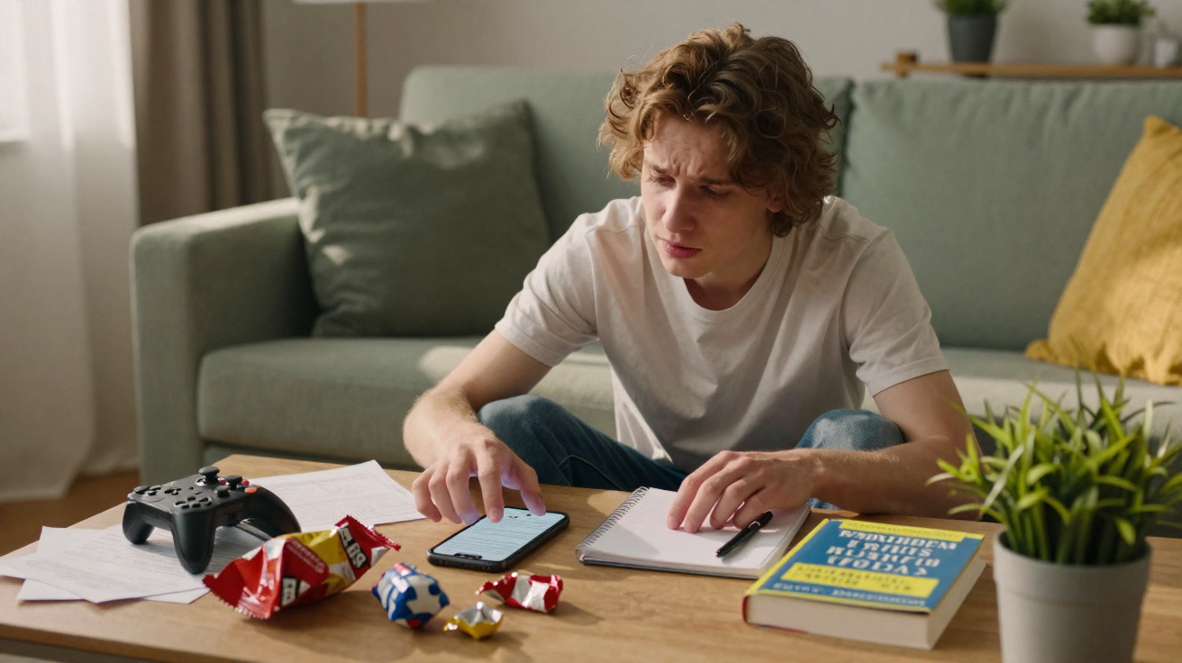 Jovem concentrado a estudar com livros, cadernos e telemóvel numa mesa desarrumada na sala de estar.