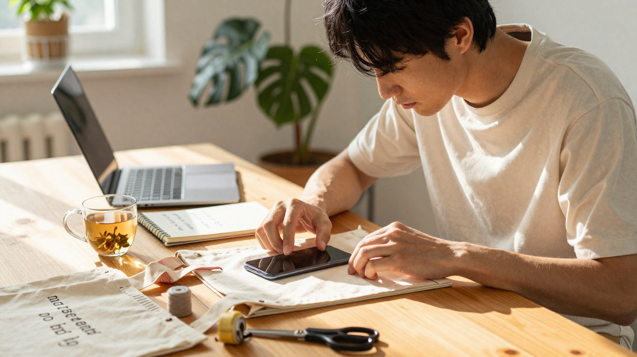 Homem sentado à mesa, a usar telemóvel e rodeado de laptop, chá, tesoura e materiais de artesanato.