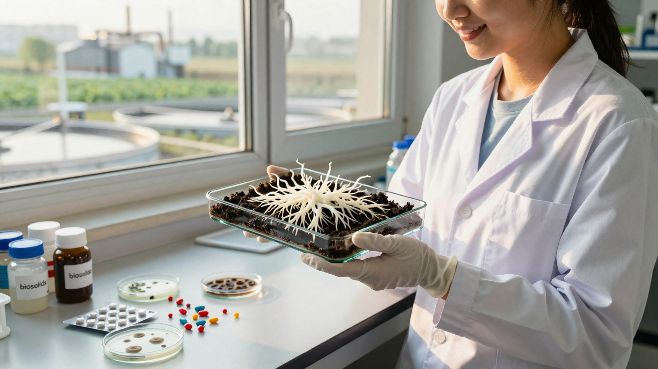 Cientista de bata branca segura recipiente com planta branca em laboratório iluminado por janela.