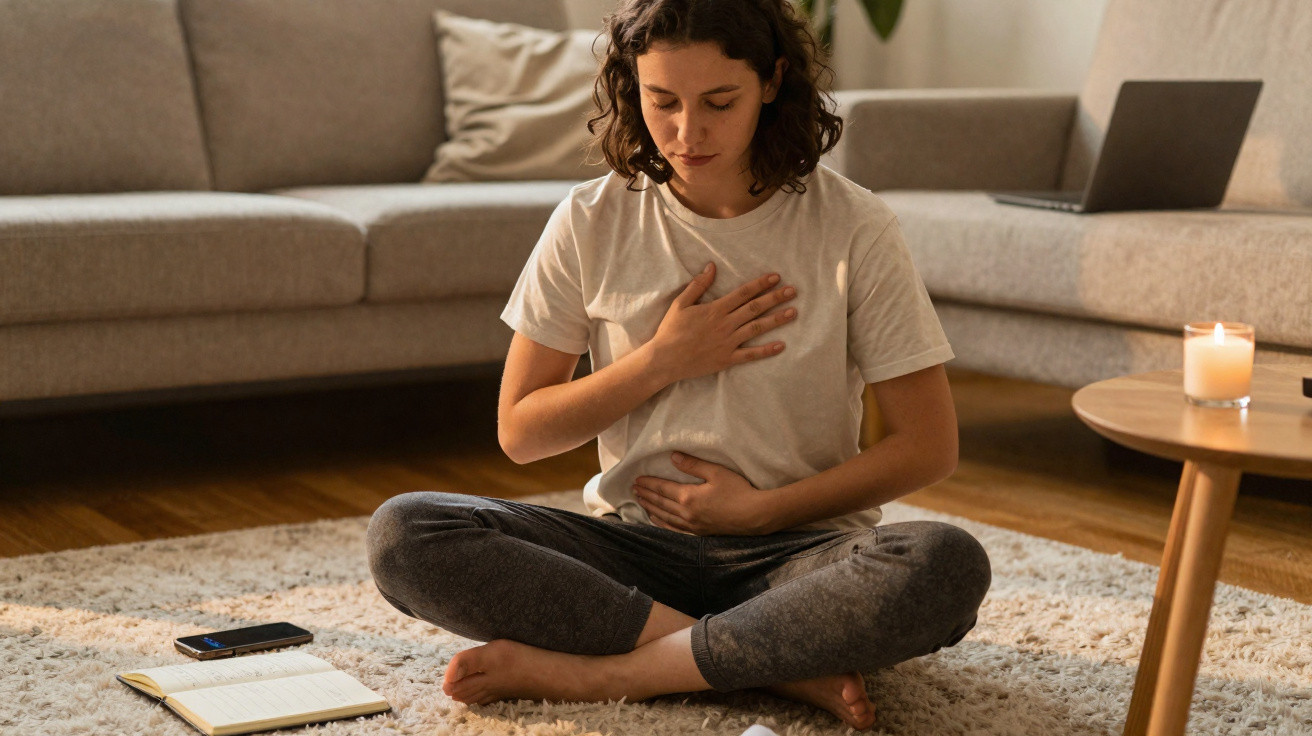 Mulher sentada no chão em posição de yoga, mãos sobre peito e abdómen, num ambiente calmo em casa.