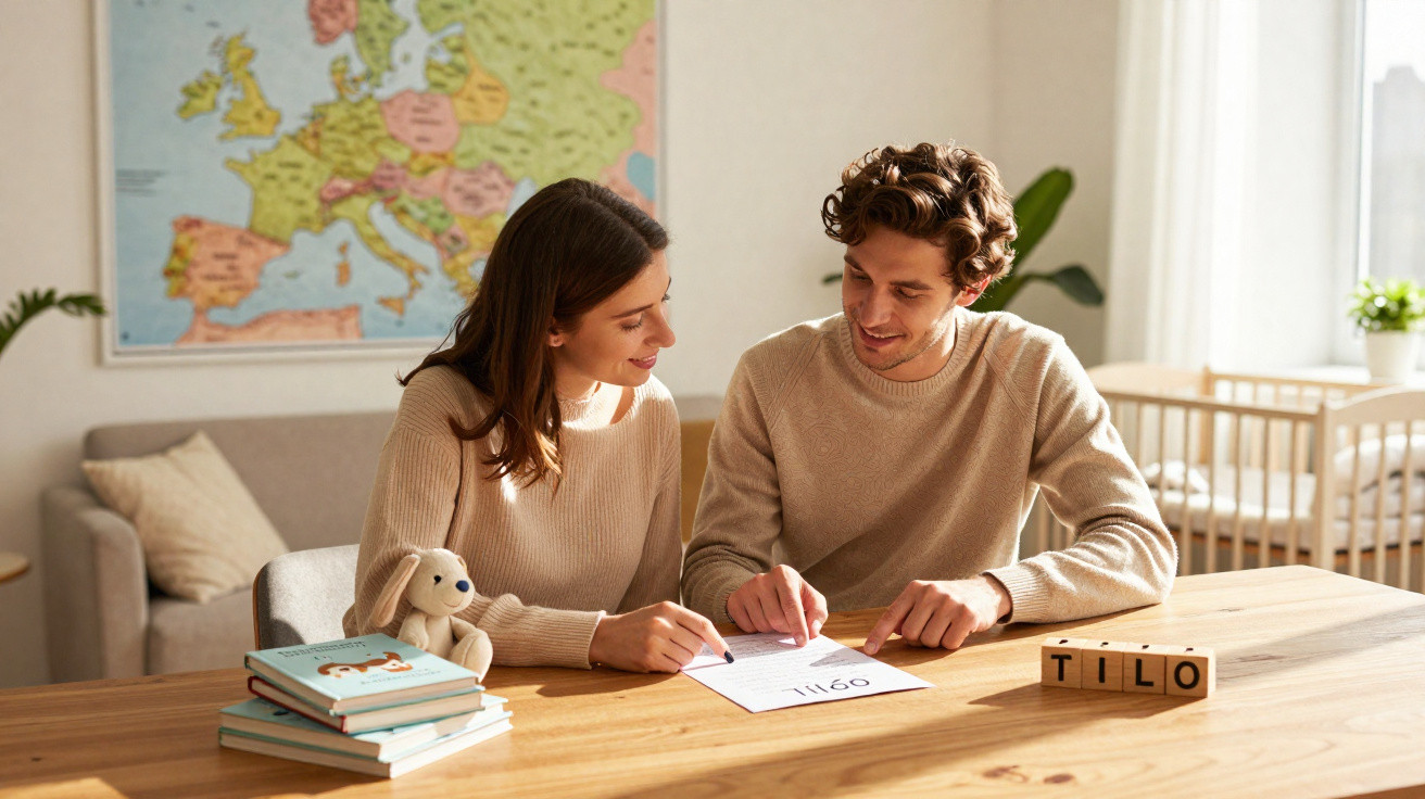 Casal jovem sentado à mesa a preencher documentos num ambiente luminoso com mapa e berço ao fundo.