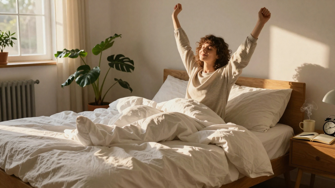Mulher a espreguiçar-se na cama numa manhã ensolarada, quarto com plantas e janela aberta.