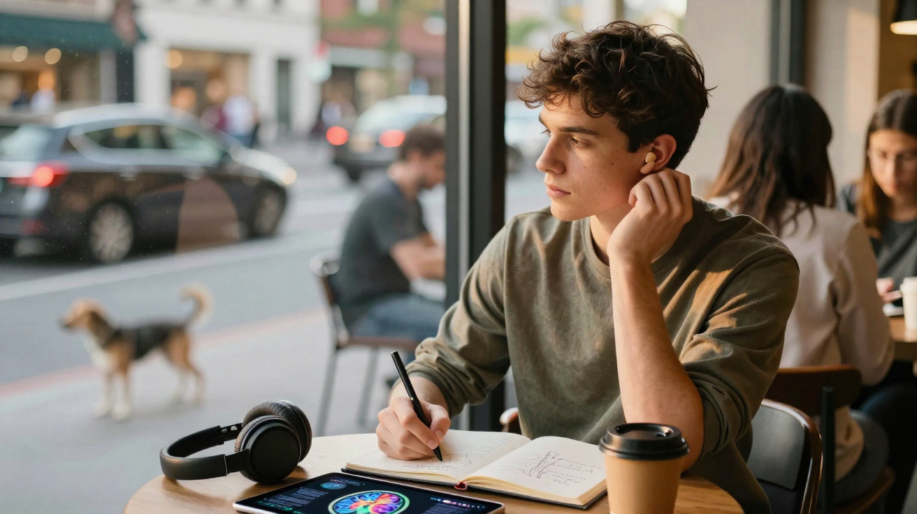 Jovem sentado numa cafetaria a escrever num caderno, com tablet, headphones e café na mesa.