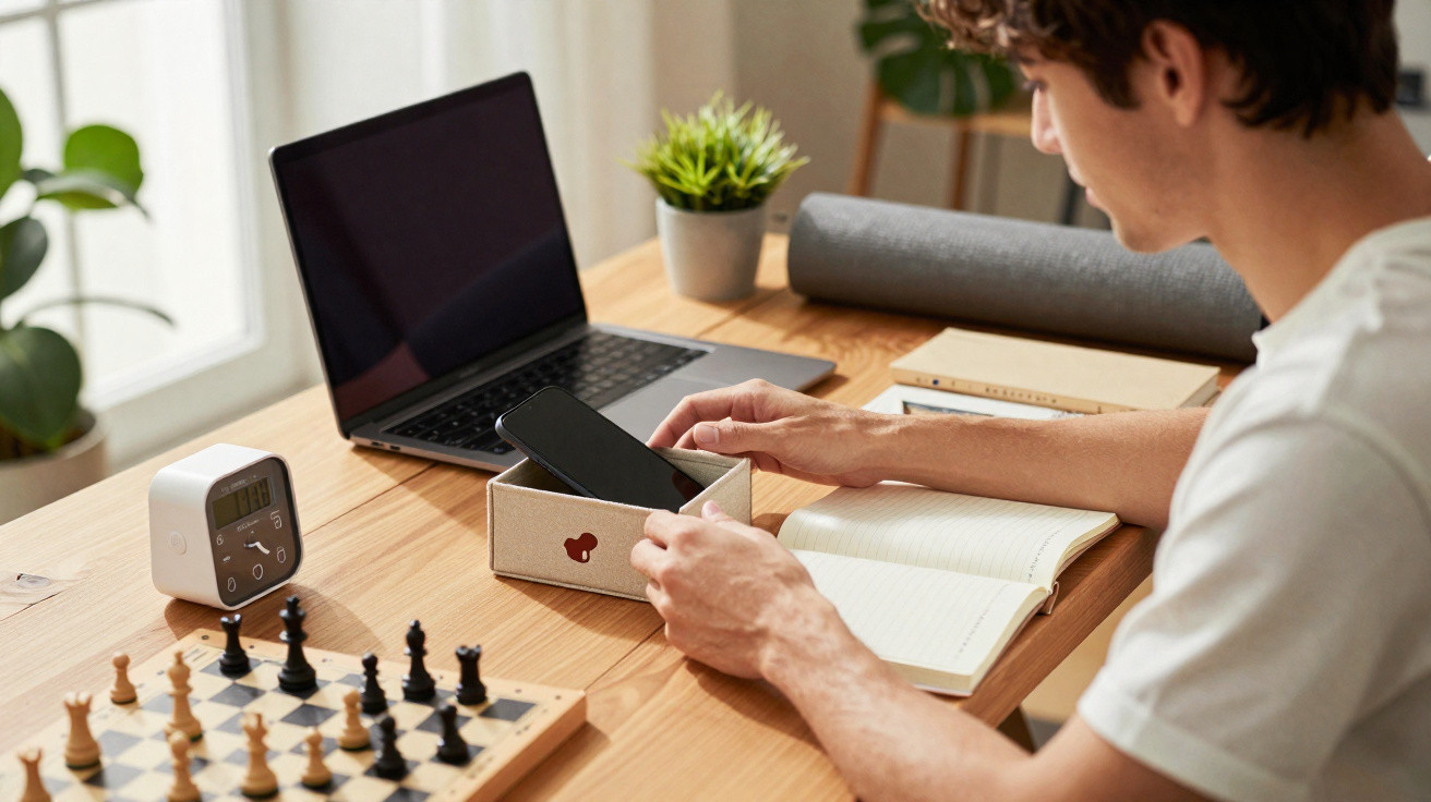 Homem sentado a trabalhar numa mesa com portátil, telefone, tabuleiro de xadrez e caderno aberto.
