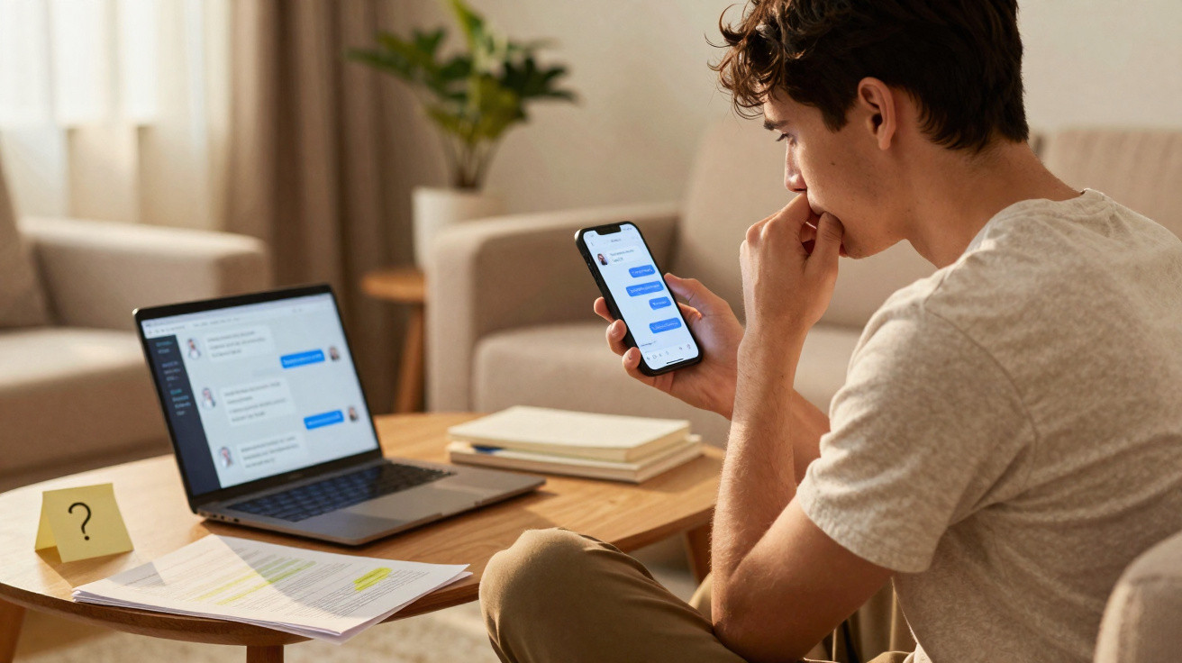 Jovem sentado numa sala a olhar para o telemóvel com mensagens, computador portátil e documentos numa mesa à frente.