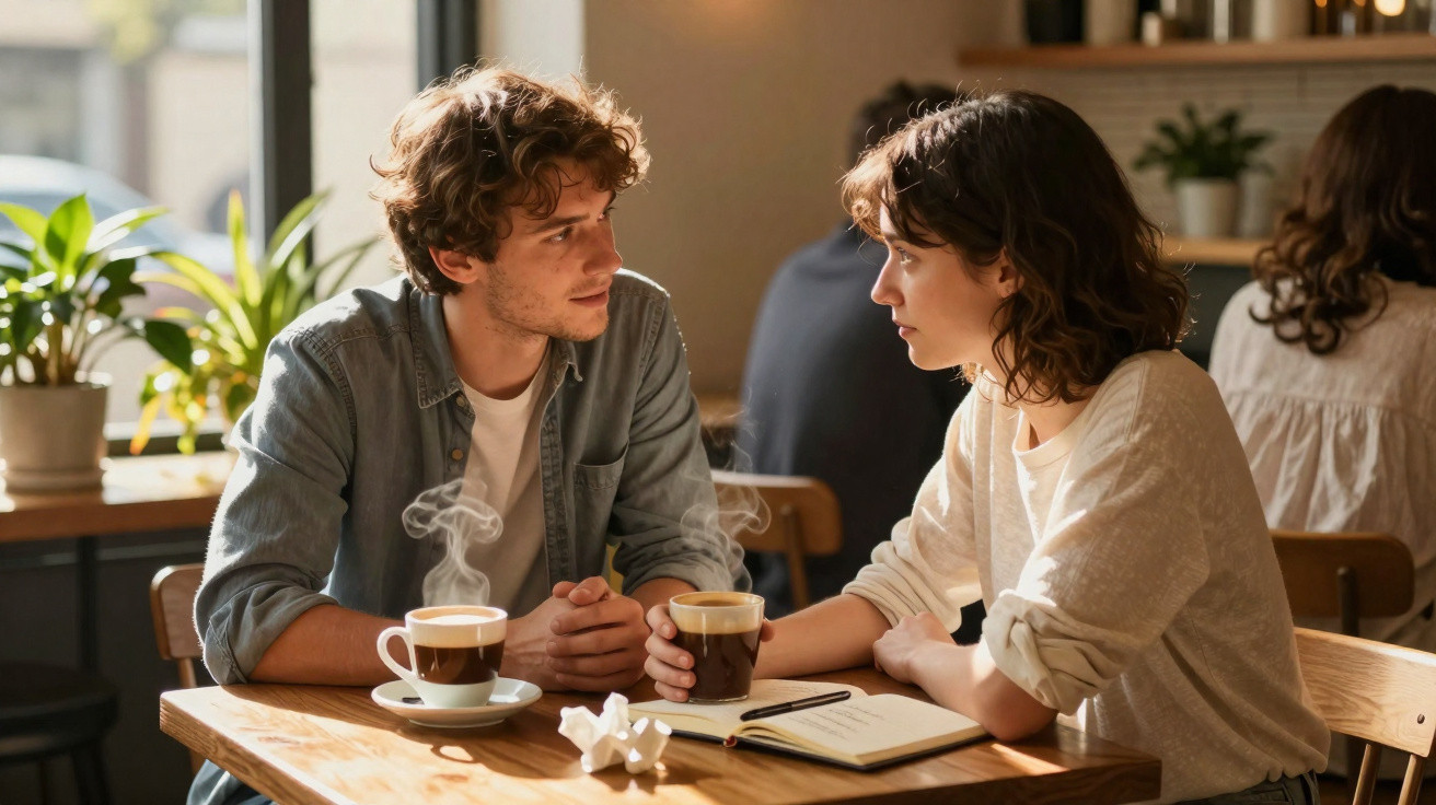 Casal numerando-se seriamente enquanto bebem café numa mesa de café iluminada pelo sol.