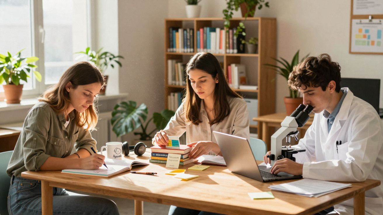 Três estudantes a estudar e a usar microscópio numa sala com mesa, livros, computador e plantas.