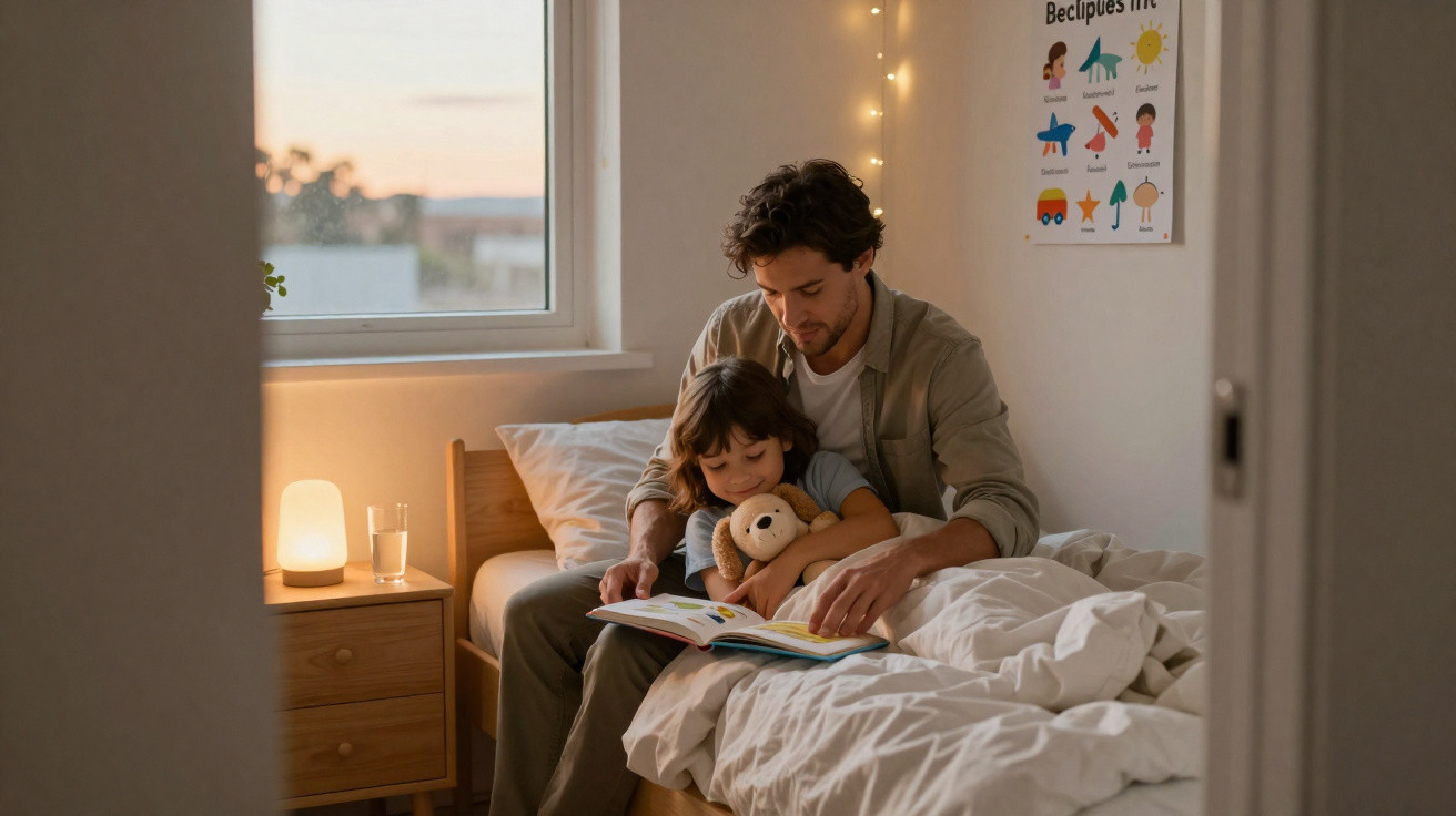 Pai lê história para filha abrahada a peluche no quarto com luz suave ao entardecer.