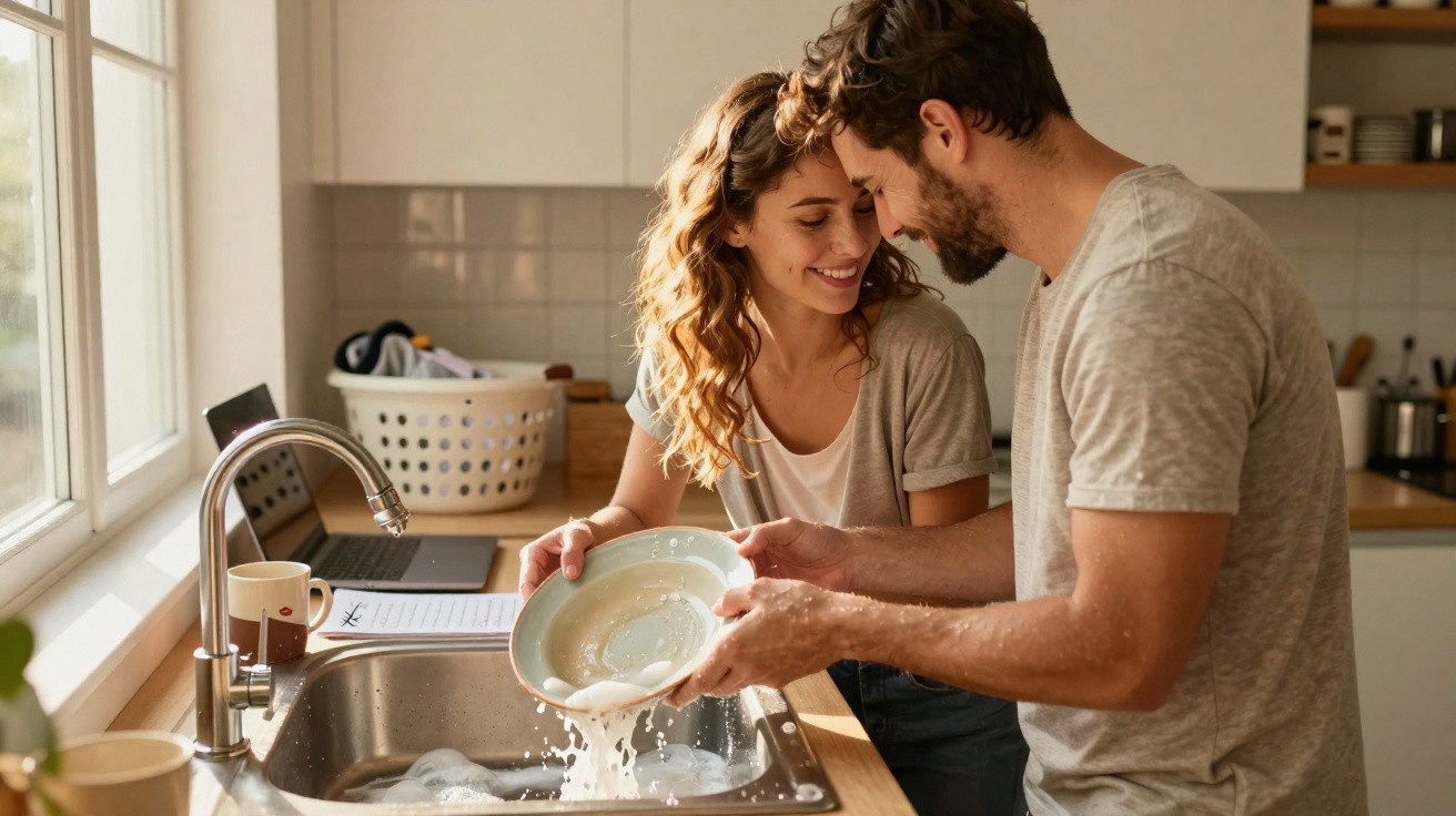 Casal lava loiça juntos na cozinha, sorrindo e desfrutando do momento partilhado.