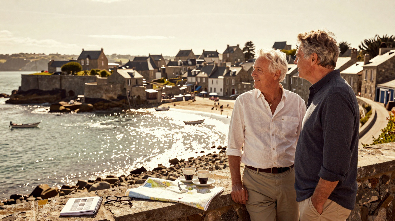 Dois homens idosos conversam junto ao mar com vista para uma vila costeira iluminada pelo sol.