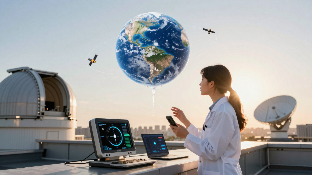 Mulher cientista com telemóvel observa balão em forma da Terra com satélites num terraço com equipamento tecnológico.