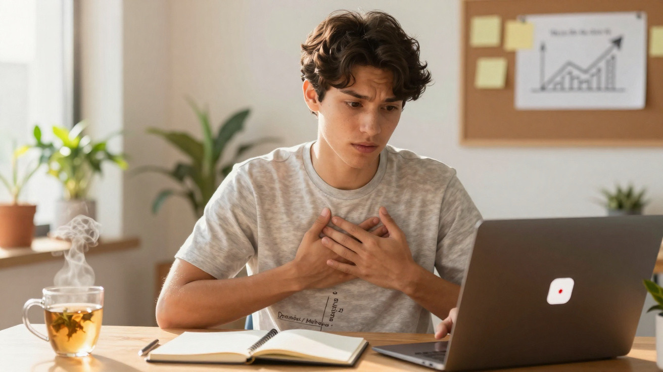 Jovem sentado à secretária com expressão de desconforto, a segurar o peito, com chá e computador à sua frente.