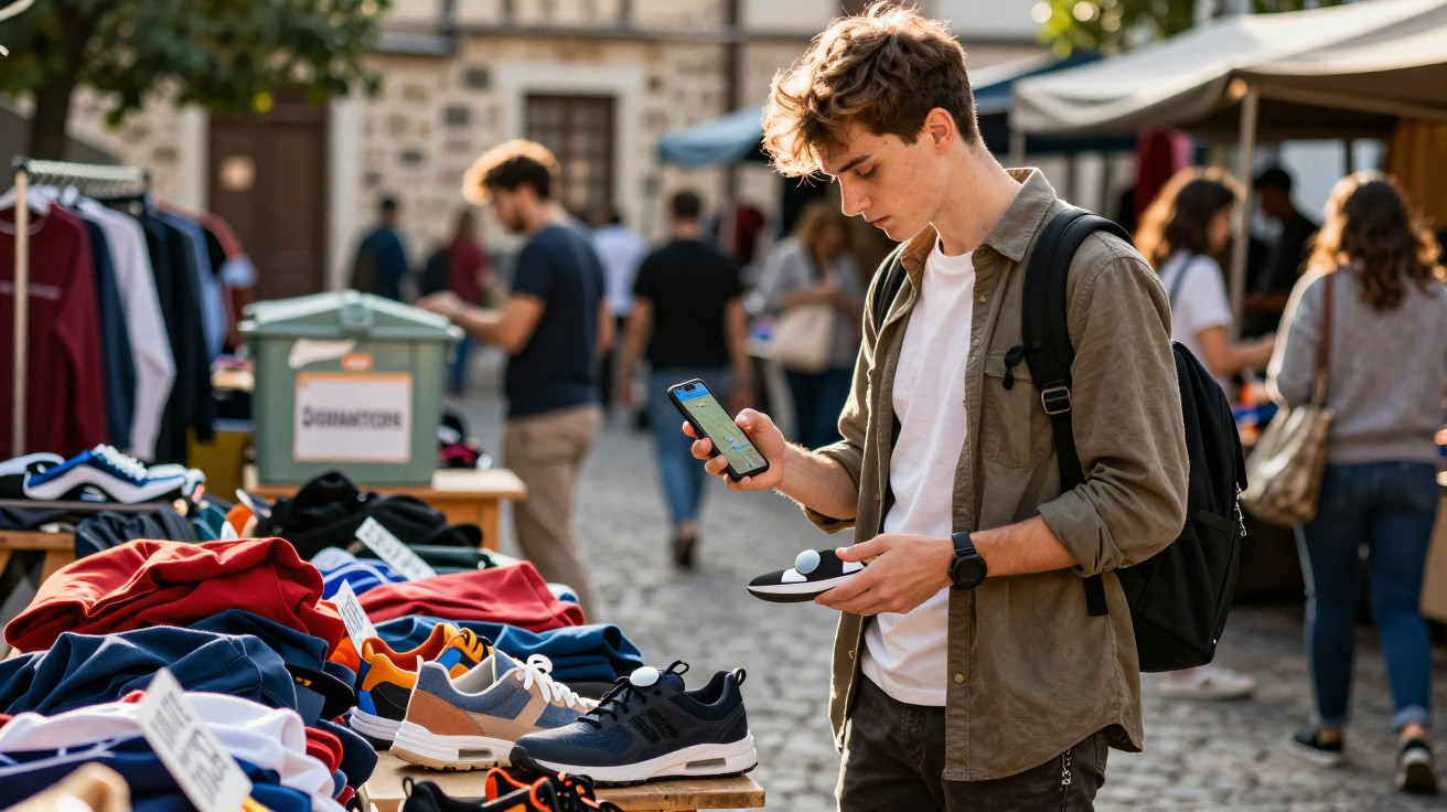 Jovem com mochila escolhe sapatilhas num mercado ao ar livre enquanto consulta o telemóvel.