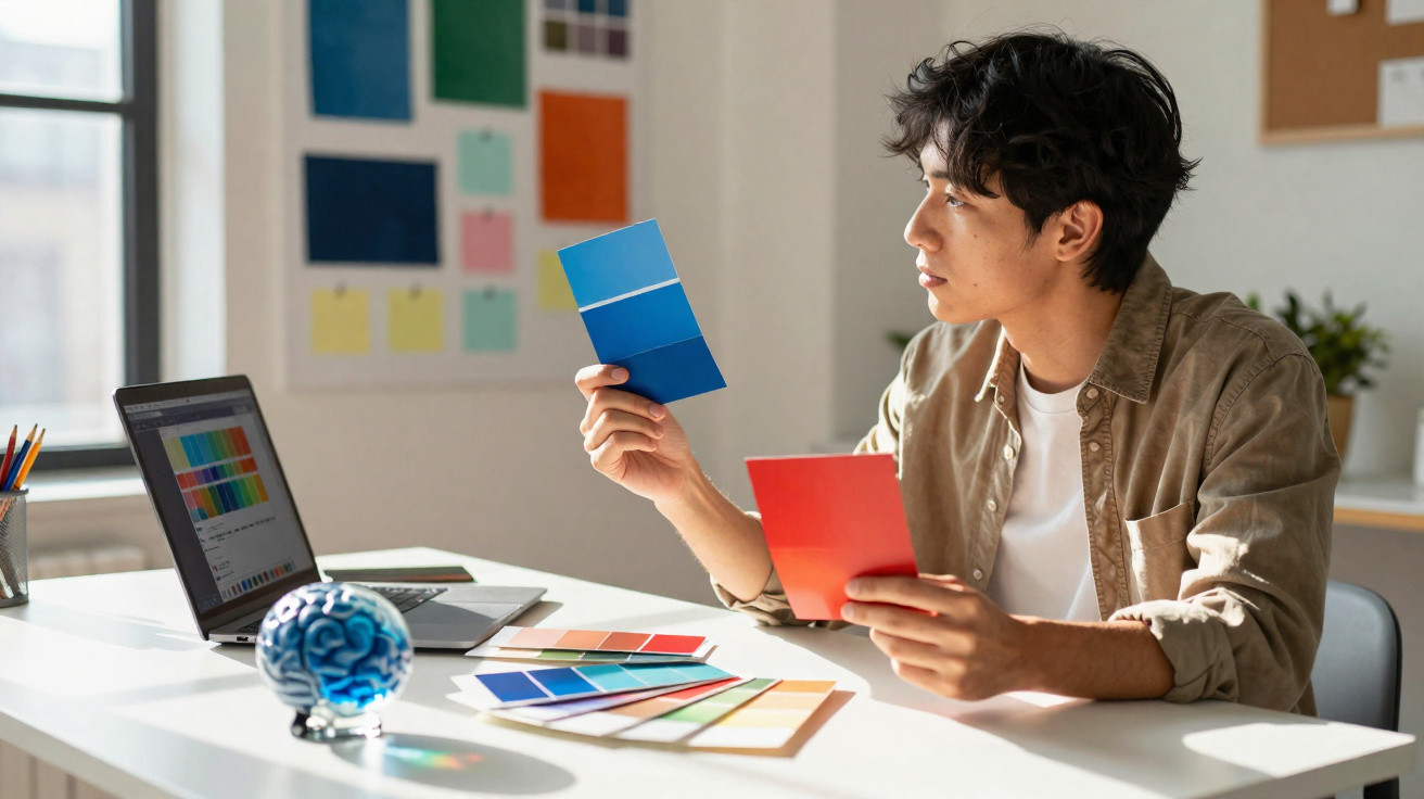Jovem designer a analisar amostras de cores azuis e vermelhas numa mesa com computador portátil.