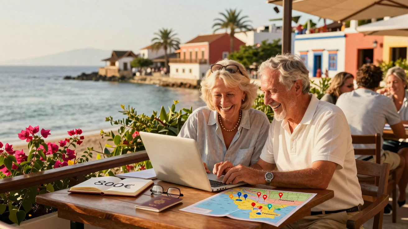 Casal sénior sorridente planeia viagem junto ao mar, com mapa, portátil e caderno numa esplanada.