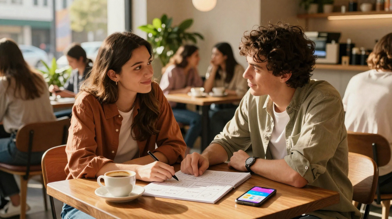 Jovens sentados à mesa de café a estudar e conversar, com caderno e telemóvel à frente.