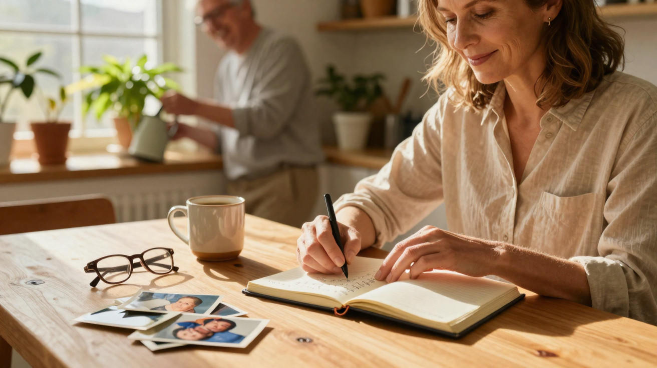 Mulher a escrever num caderno numa mesa com fotografias e chávena, homem a regar plantas ao fundo.