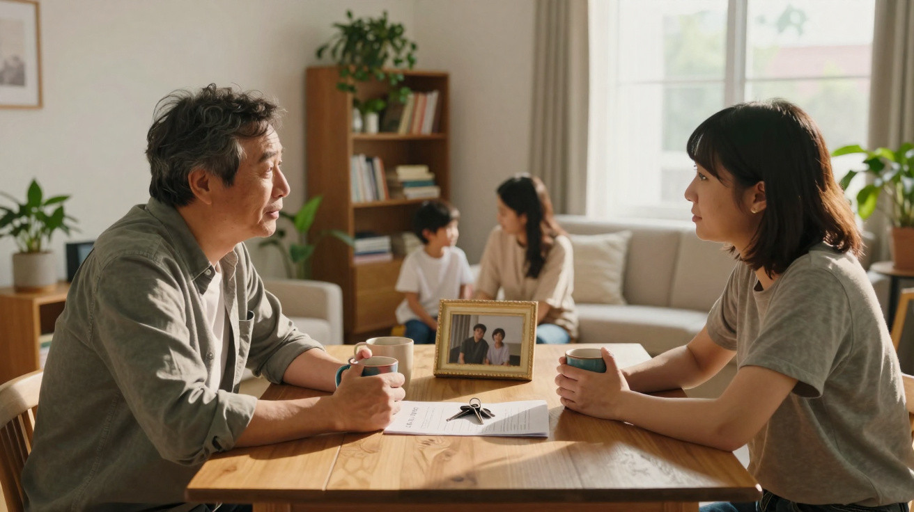 Casal sentado à mesa a conversar, com filhos ao fundo no sofá, ambiente doméstico e tranquilo.