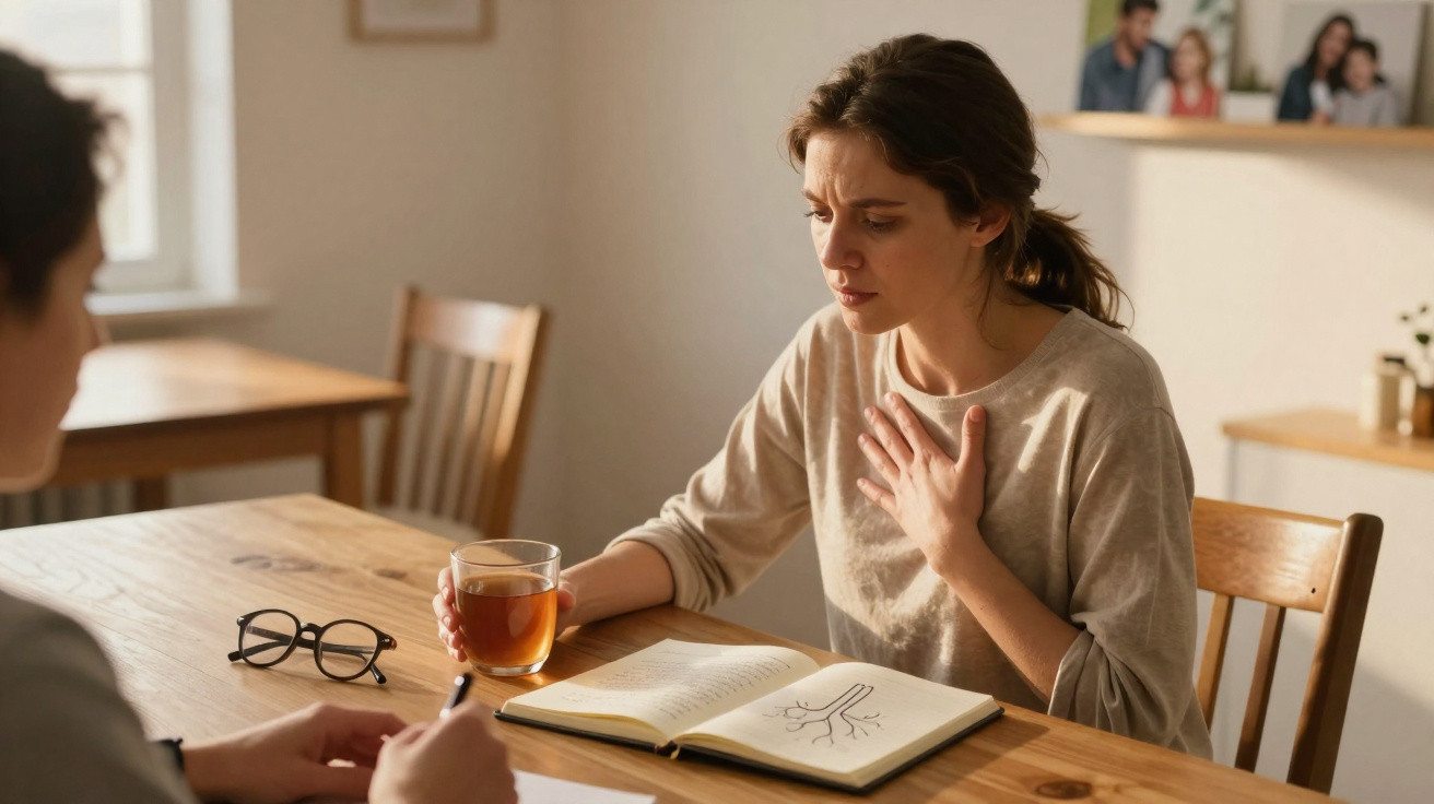Mulher com expressão de desconforto a segurar chá e tocar o peito sentada à mesa com caderno aberto.