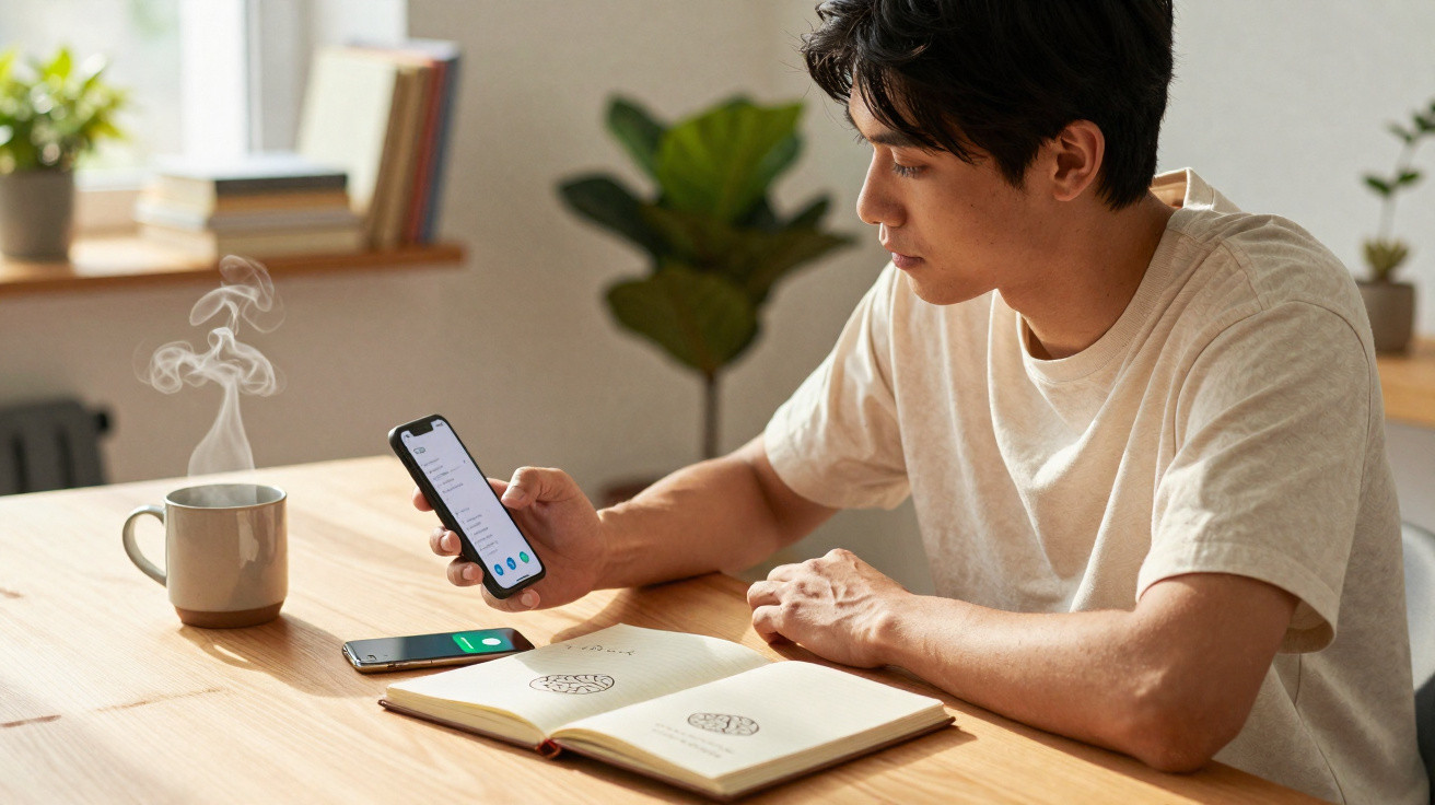 Homem sentado a ler o telemóvel numa mesa com livro aberto, telemóvel carregando e chá quente fumegante.