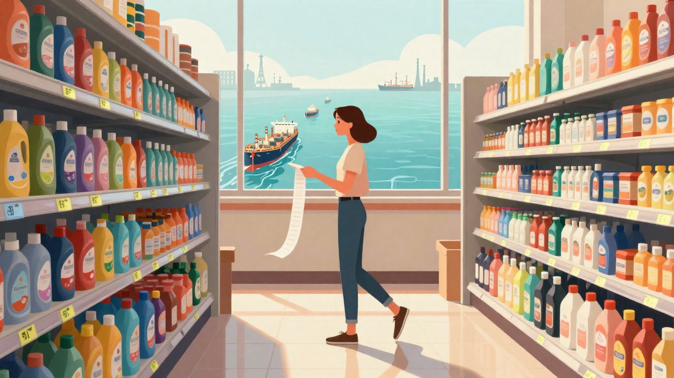 Mulher com lista de compras num corredor de supermercado junto a uma janela com vista para o mar e barcos.
