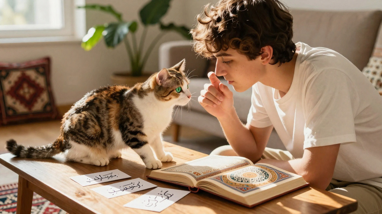 Jovem sentado à mesa com livro aberto olha para gato que está em cima da mesa com cartões escritos à sua frente.