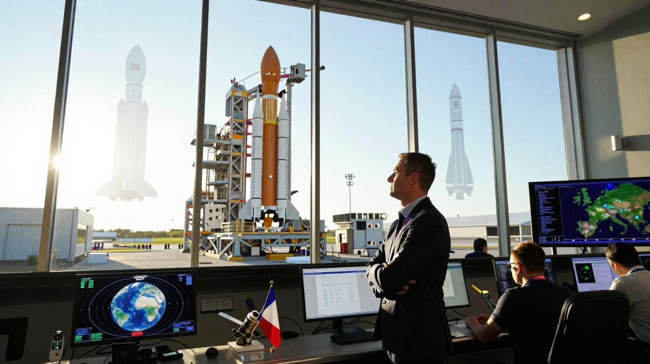 Homem observa foguetão na plataforma de lançamento através de janela grande em centro de controlo espacial.