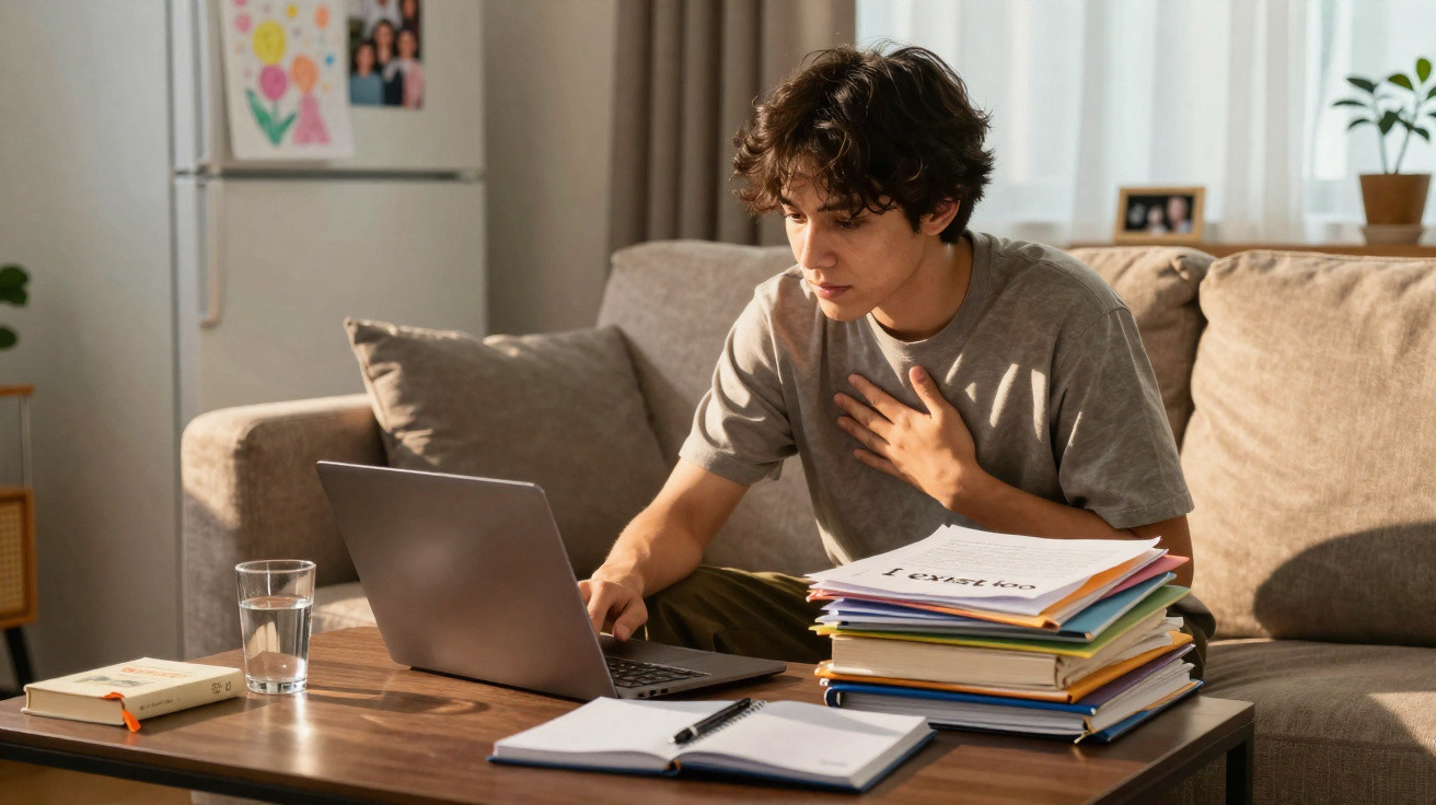Jovem sentado no sofá a estudar com computador portátil, livros e caderno sobre a mesa de centro.